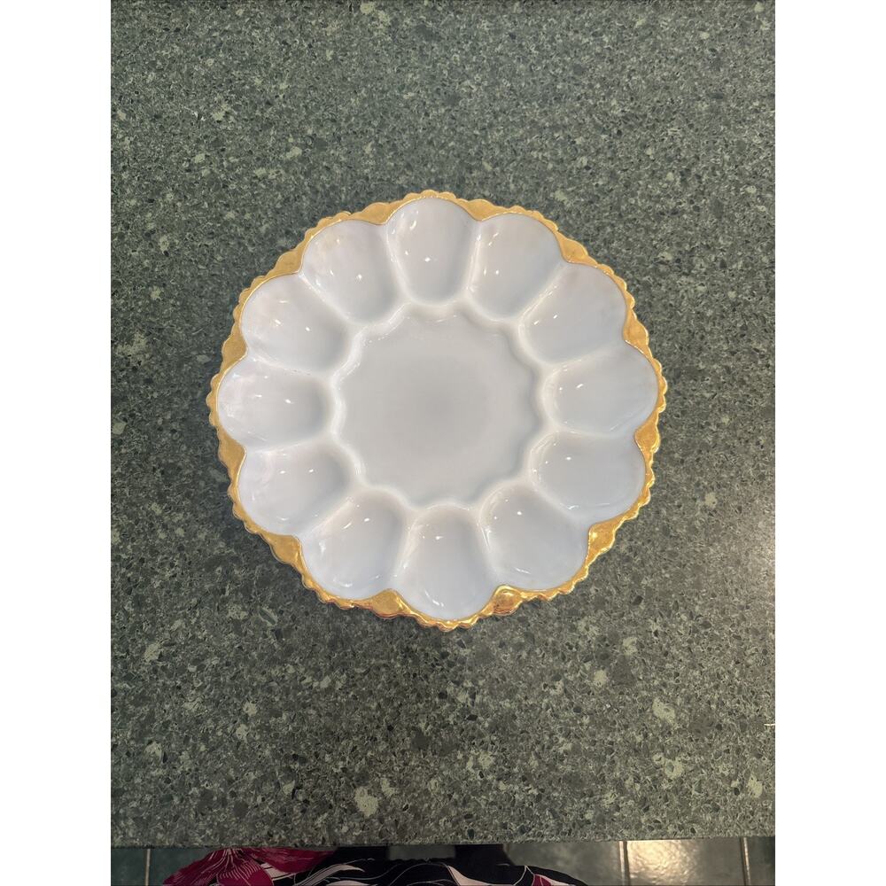 Anchor Hocking White Milk Glass Deviled Egg Plate Gold Trim 10" Party VTG